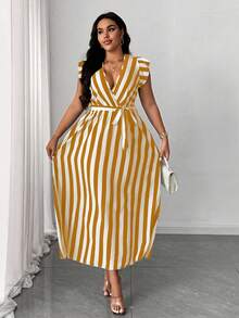 Maweii Plus Size Women Striped Overlap V-Neck Cap Sleeve Casual Dress - Orange - View 5