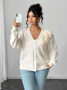 Elenzga Plus Size Women's V-Neck Button Handmade Floral Casual Open Cardigan Sweater, Autumn/Winter Fall
