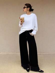 K-Vae Women's Autumn And Winter Black Fleece Warm Jeans, Ribbon Decorative Pockets, College Style, Korean Style,Halloween Costumes,Chic Autumn - Black - View 6