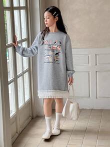 DAZY 女童圆领针织保暖内衬印花长袖连衣裙，秋季 - 灰色 - 查看 6