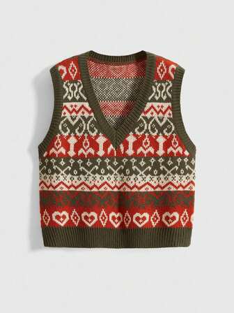 Fairycore Vintage Jacquard Knit Vest For Women, V-Neck Short Sleeveless Sweater Vest, Retro Style, Layering Piece With Cozy Vibe, Autumn