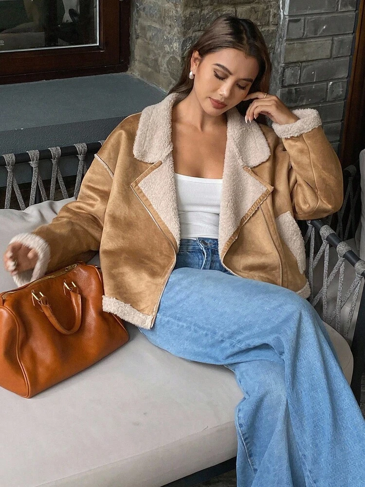 Women's Turndown Collar Contrast Color Loose Casual Fluffy Jacket Winter Thermal Lined Women Coats
