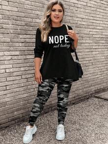 EMERY ROSE 2 件套大码女式迷彩字母印花长袖 T 恤和瑜伽裤，休闲秋冬装 - 黑色 - 查看 6