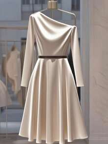 SHEIN Franclia Đầm dài tay thắt eo kim loại thanh lịch dành cho nữ - Màu be - Xem 2