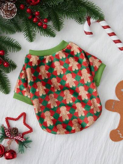 PETSIN 1件圣诞姜饼人印花法兰绒格子撞色宠物保暖衣
