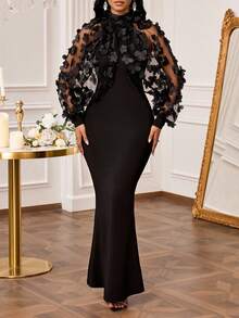 SHEIN Lady Party Casual Elegant Black Plus Size Women Mandarin Collar Patchwork Applique Mesh Fishtail Hem Fitted Elegant Dress Black Evening Gown Long Sleeve Gown Black Evening Dress Long Sleeve Formal Dress Black Wedding Guest Dress - Black - View 4