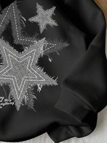 SHEIN Tween 女孩休闲简约五角星图案连帽衫，黑色，街头风格，朋克，厚长袖运动衫，适合秋冬季