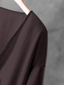 EMERY ROSE 大码纯色简约日常系带长袖上衣和裤子两件套 - 咖啡棕 - 查看 8