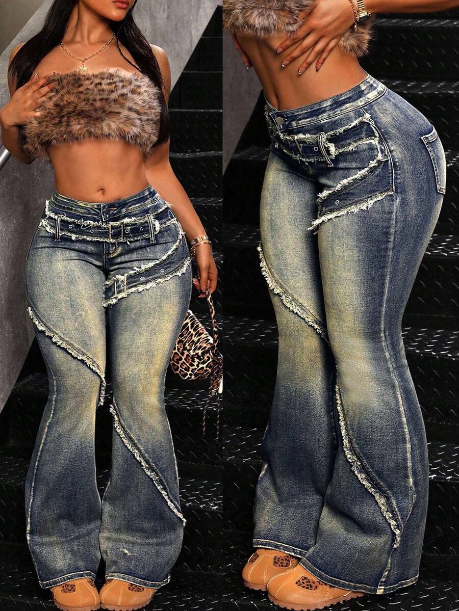 Jeanoix Plus Size Women Casual Flare Leg Slim Fit Jeans - Blue - View 1