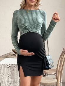 SHEIN Bộ 2 áo thun trơn cổ tròn tay dài phối gân và đầm không tay cho bà bầu, thường ngày - Nhiều màu - Xem 5