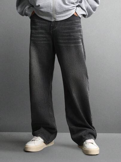 SUMWON Pantalones vaqueros de pierna ancha premium, de corte relajado y recto, estilo patinador, para otoño e invierno, moda callejera contemporánea