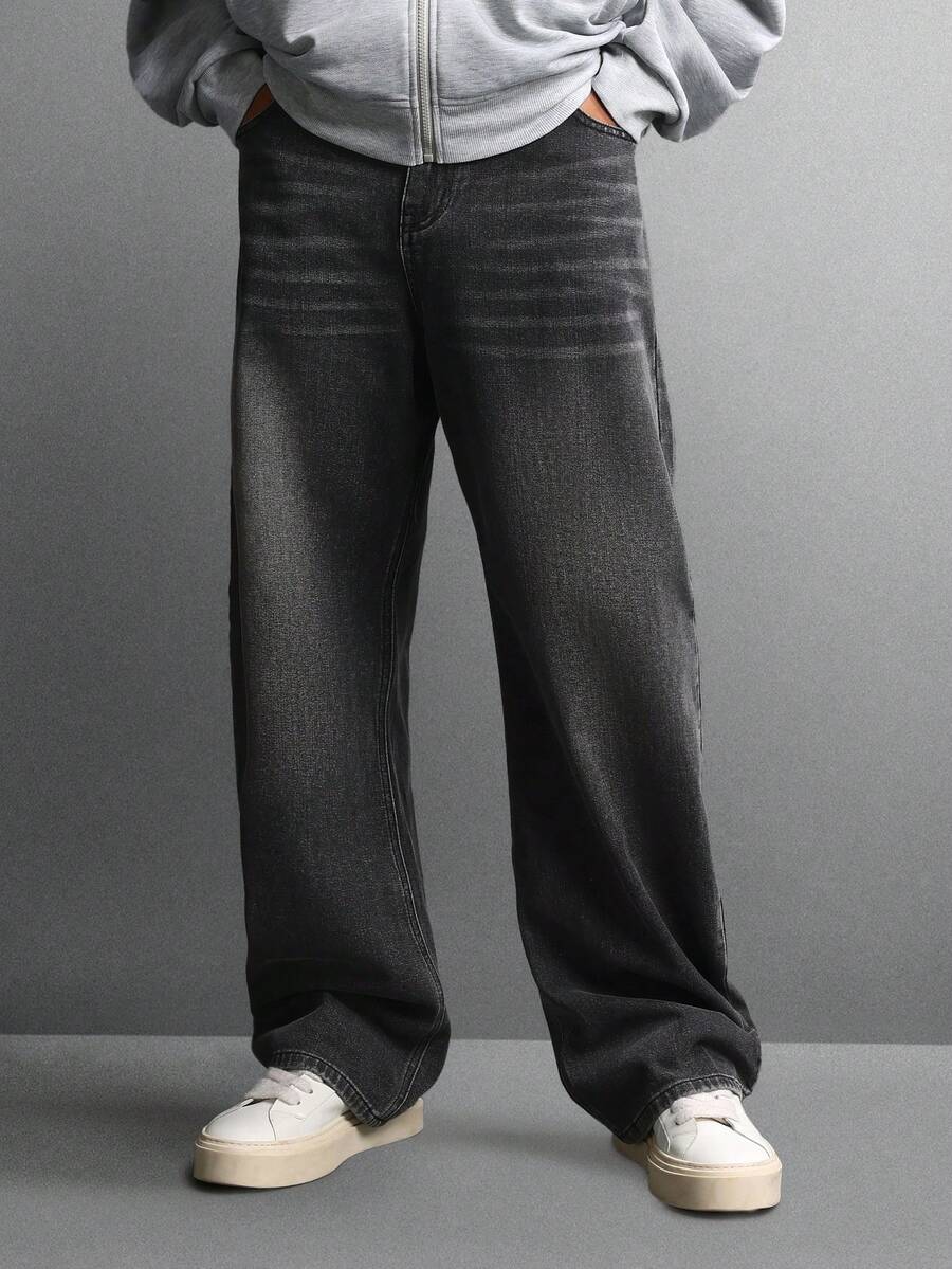 Quần jeans ống rộng cao cấp SUMWON, dáng suông thoải mái, kiểu skater, thích hợp cho mùa thu đông, phong cách đường phố hiện đại, màu trơn. - màu đen - Xem 1