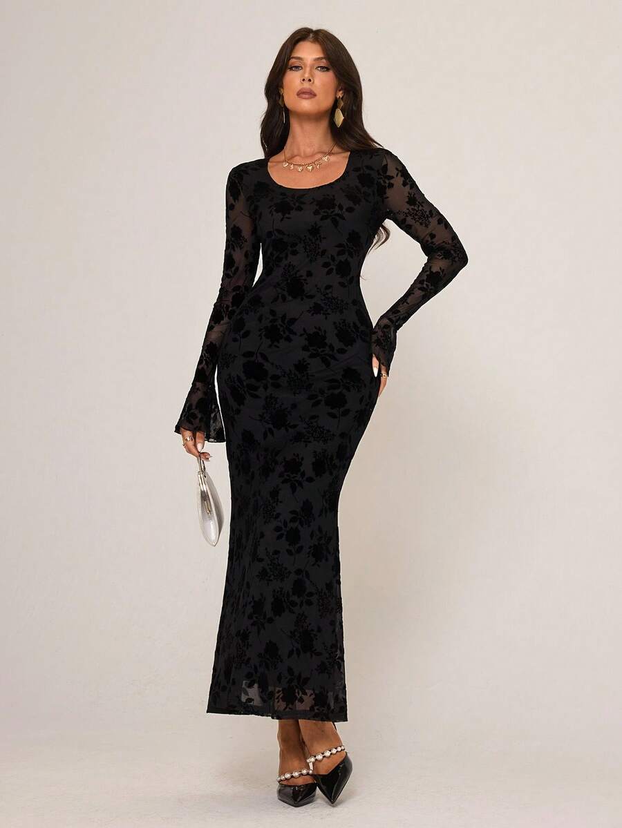 Rafferiza 女士优雅花卉印花长袖连衣裙 - 黑色 - 查看 1