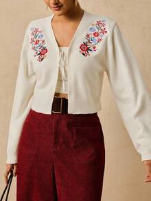 Travachic Cárdigan de mujer de talla grande bordado para otoño/invierno - Blanco - Ver 6