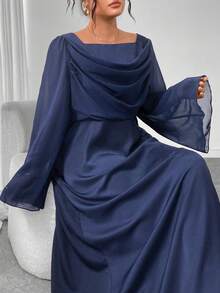 Modelyn 大码女式撞色拼接垂坠领收腰 A 字长袖连衣裙，时尚蓝色，秋冬 - 藏蓝色 - 查看 4