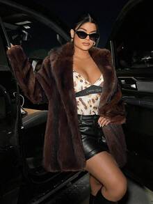 SHEIN SXY 女士仿皮草大衣，秋冬保暖户外休闲装 - 摩卡棕 - 查看 6