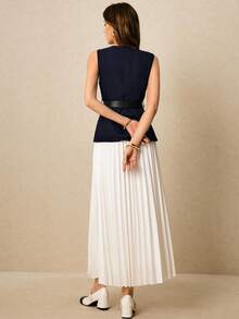 Poéselle 女士时尚休闲西装背心和百褶裙套装秋冬女装 - 藏蓝色 - 查看 6