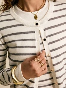 Poéselle 女士条纹长袖针织开衫和无袖针织上衣休闲两件套，秋季 - 灰色 - 查看 6