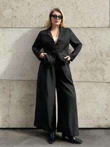 Auralis Plus Size Women Solid Color Lapel NeckLong Sleeve Jacket And Pants Casual Suit Set, Autumn Fall/Winter - Black - View 4