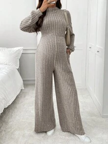 SHEIN 纯色休闲长袖口袋孕妇连体裤 - 杏色 - 查看 1