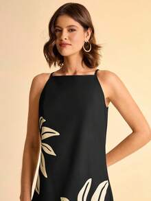 CAJUNI Women's Bohemian Tropical Plant Leaf Print Brown Spaghetti Strap Mini Dress,Graphic