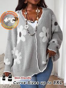 SHEIN CURVE+ Plus Size Women's 3D Floral Sweater Knitted Cardigan, Autumn Set, Autumn Top, Winter Knitted Cardigan/Autumn /Winter - Grey - View 1