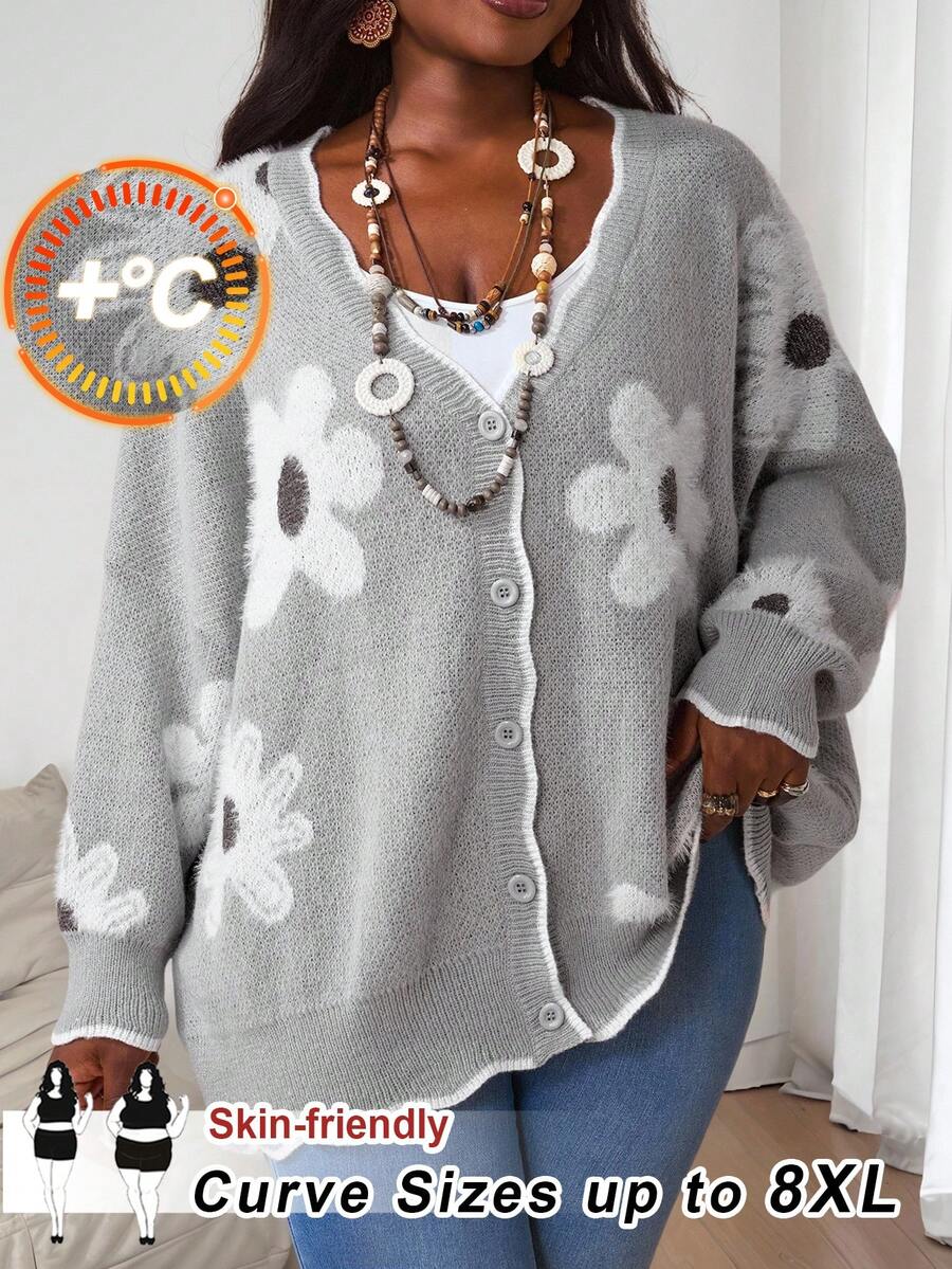 SHEIN CURVE+ Plus Size Women's 3D Floral Sweater Knitted Cardigan, Autumn Set, Autumn Top, Winter Knitted Cardigan/Autumn /Winter - Grey - View 1
