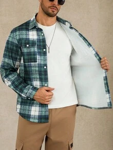 Manfinity Homme 男士纽扣前开襟长袖格子夹克，休闲日常穿着，秋冬男士夹克，保暖夹克，格子衬衫男士衬衫式格子夹克，圣诞节 - 彩色 - 查看 7