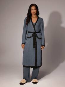 SHEIN Lazeform 拼色口袋上衣和裤子和睡袍 3 件套，休闲家居服适合户外穿着女士家居服睡衣套装带睡袍睡袍套装女士蓝色睡衣套装女士舒适优雅细节，秋季服装 - 霧霾藍 - 查看 5