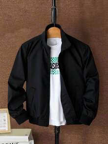 SHEIN Teenager Boys' Basic Black Jacket Back To School Casual Street Text Logo Embroidery Solid Color Versatile Comfortable Stand Collar Long Sleeve Jacket, Suitable For Commuting, School, Daily Casual, Travel, Sports, Party, Autumn/Winter Black Jacket Boys Teen Boys Jacket Zip Up Jacket Boys Fall Autumn And Winter