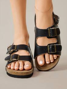 Solecia 女式带扣设计仿皮毛内衬休闲时尚厚底凉鞋 - 黑色 - 查看 7