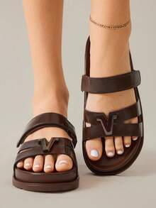 Solecia 2025 Summer New Arrival Women's Fashion H-Shape Black Rivet Platform Hook And Loop Soft Bottom Sandals, Closure, Versatile Non-Slip Open Toe Flat Sandals - Brown - View 9