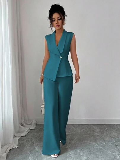 Selianne Women's Elegant Office Commute Afternoon Tea Party Outfit, Collared Asymmetric Hem Sleeveless Blazer Jacket With Metal Waist Buckle Decor, Paired With Stretchy Waist Trousers, 2 Pieces Suit Set, Spring/Summer