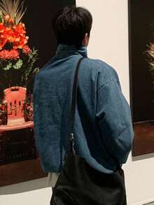 DAZY Men's Letter Embroidery Washed Blue Half-Zip Pullover Sweatshirt, Autumn - Blue - View 2