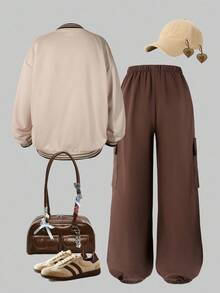 Sparklyn 2 件套青少年女孩休闲时尚运动日常通勤美式棒球风格 Polo 领宽松长袖上衣和舒适工装裤，秋冬 - 卡其色 - 查看 2