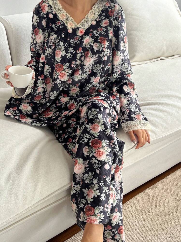 Women's Floral Print Fleece Lace Trim Puff Sleeve Pajama Set, Fall Winter Clothes