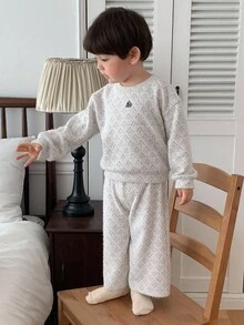 DAZY 2 件套男宝宝韩版休闲长袖 T 恤和宽松裤子睡衣套装秋冬 - 白色 - 查看 5