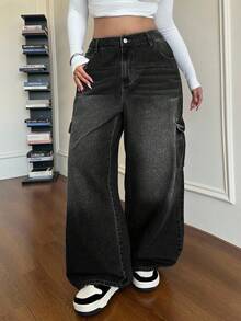 Dripcurv Plus Size Casual Loose Straight Leg Jeans, Blue Jeans Wide Leg Cargo Jeans For Women