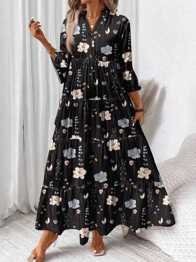 SHEIN LUNE Casual Vintage Floral Pattern Elegant Plus Size Dress, Suitable For Autumn/Winter