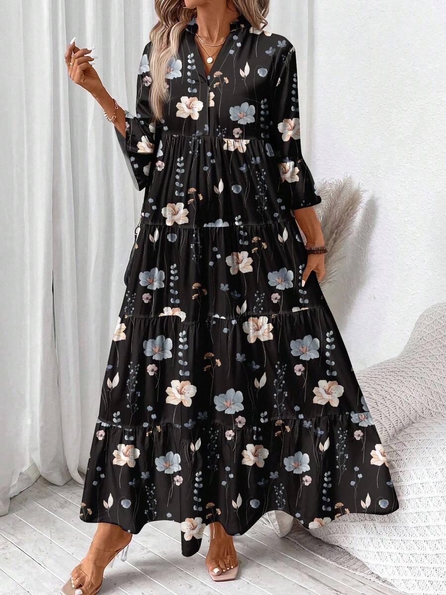 SHEIN LUNE Vestido elegante de talla grande con estampado floral vintage casual, adecuado para otoño/invierno - Negro - Ver 1