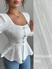 Selianne Elegant French Style Beige Embossed Jacquard Blouse With Romantic Puff Sleeves, Fitted Waist And A-Line Hem, Fashionable And Charming Design For Back To School Season, Spring/Autumn - Apricot - View 3