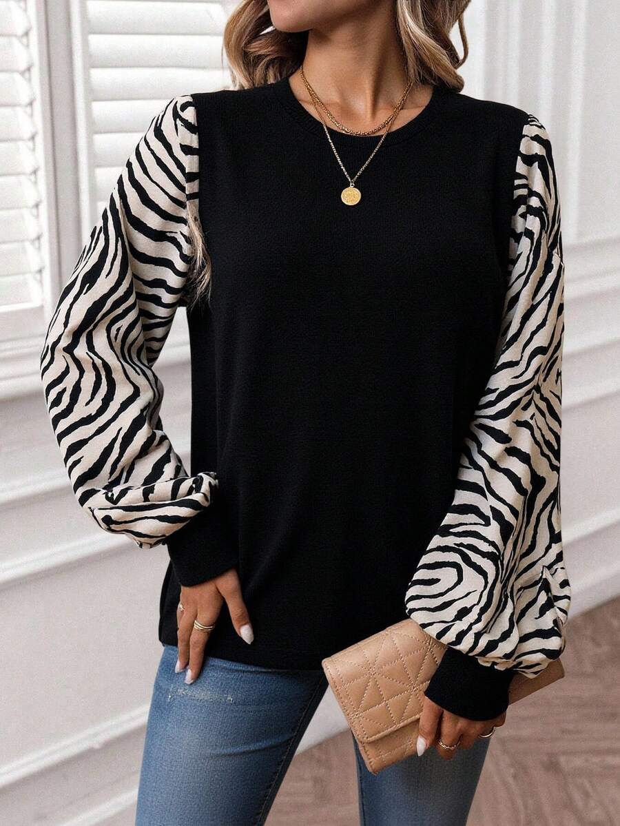 EMERY ROSE 春夏圆领泡泡袖灯笼袖拼色豹纹休闲度假长袖T恤 - 黑色 - 查看 1