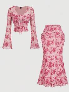 SHEIN MOD 2pcs Women Casual Long Sleeve Top And Fitted Skirt Set,Fall Clothes For Women,Elegant Going Out Outfit - Pink - View 2