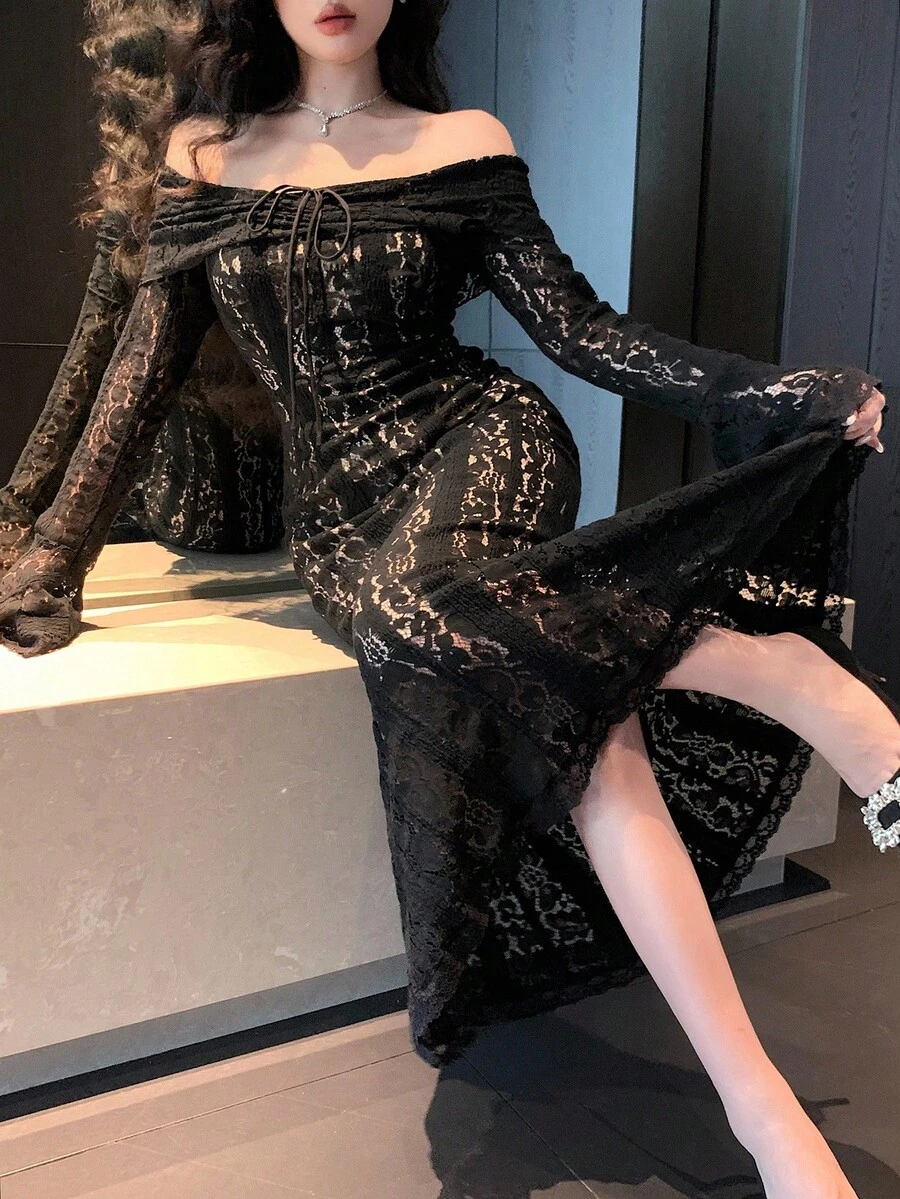 DAZY Elegante abito midi da donna con spalle scoperte, maniche a campana e fondo a sirena, adatto per feste in autunno - nero - Visualizzare 1
