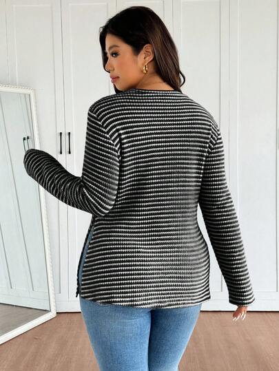 SHEIN Frenchy Plus Size Women Striped Crew Neck Knit T-Shirt With Side Slit Design, Comfortable Casual Plus Size Tee Women Long Sleeve Tops Winter Tops For Women Black And White Top Women Sweater Striped Top