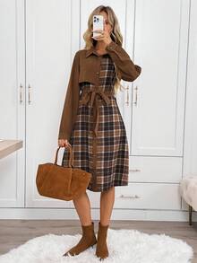 SHEIN LUNE 女式休闲格子腰带长袖衬衫裙秋季连衣裙秋季连衣裙咖啡棕色连衣裙大地色连衣裙棕色女装秋季女装女装冬季女装秋季女装女装优雅商务休闲女装棕色女式工作服棕色连衣裙冬季连衣裙女式格子连衣裙 - 彩色 - 查看 6