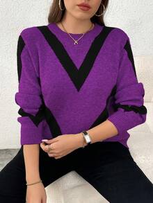 Elenzga Plus Size Women Casual Fashionable Slimming Round Neck Long Sleeve Jacquard Knit Pullover Sweater, Autumn/Winter - Purple - View 1