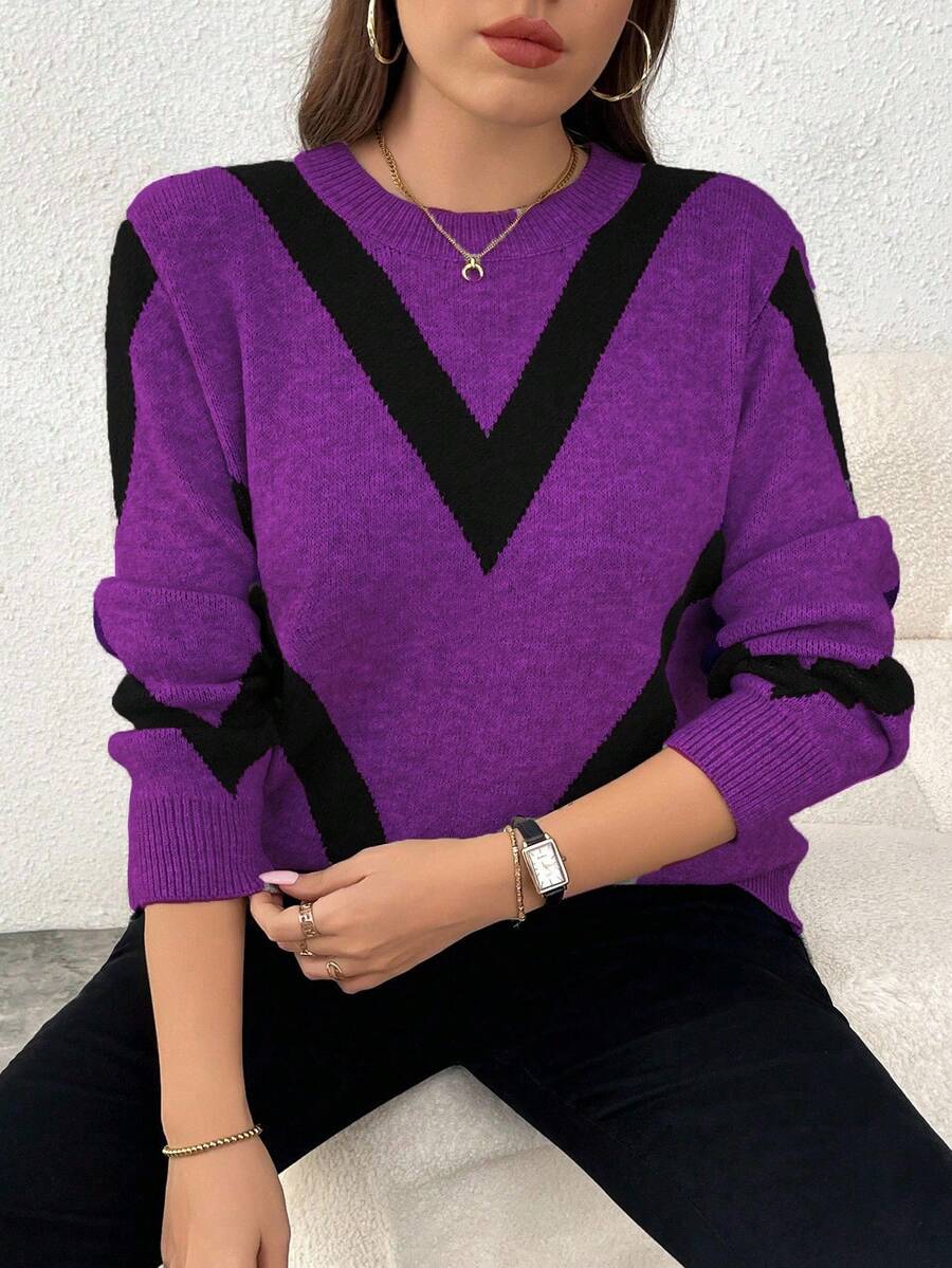 Elenzga Plus Size Women Casual Fashionable Slimming Round Neck Long Sleeve Jacquard Knit Pullover Sweater, Autumn/Winter - Purple - View 1