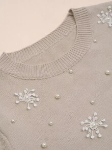 Omancia Women's Beaded Embroidered 3D Floral Casual Gentle Knit Short Sleeve Top, Suitable For Christmas, New Year, Thanksgiving, Halloween, Autumn/Winter