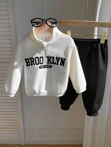 2pcs Baby Boy Black And White Tracksuit,Half-Zip Thermal Hoodie & Sweatpants Set,Back-To-School,Autumn,Casual,City Break,Cute Winter Fall Outfit - Black and White - View 9